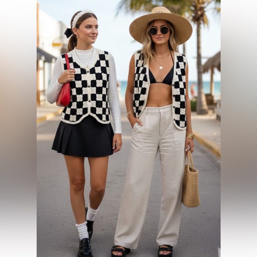 573. Crocheted checkerboard button front vest black and white